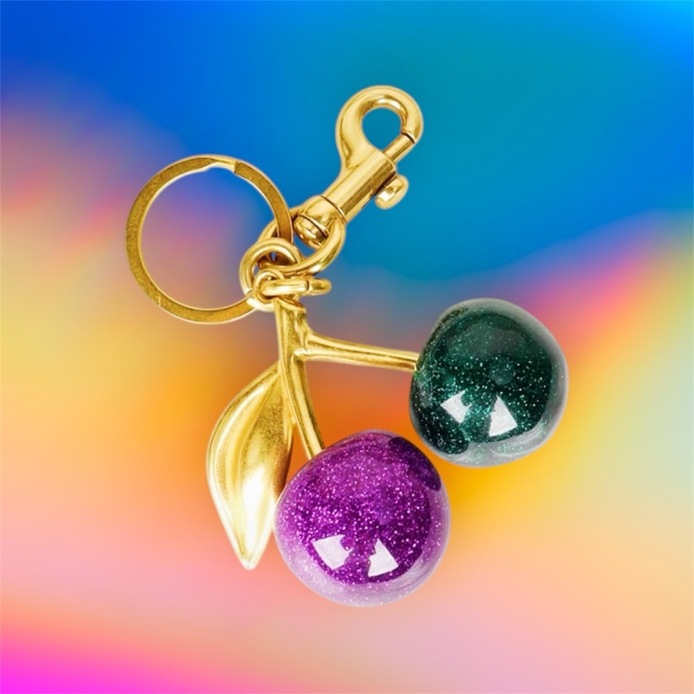 Gold Cherry Keychain with Purple and Dark Green Charms